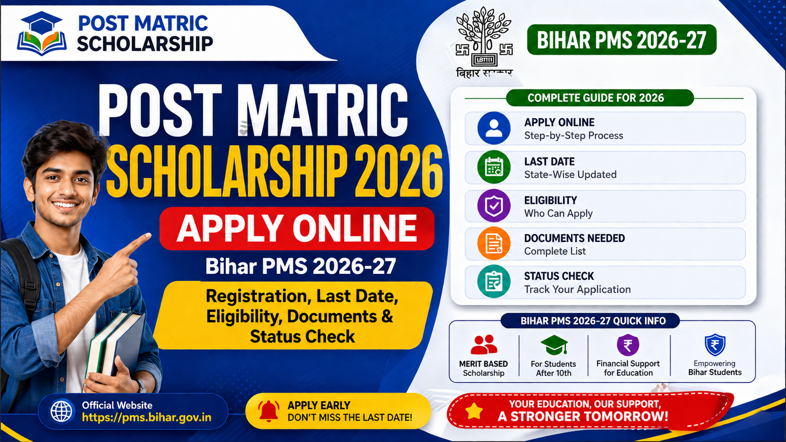 Post Matric Scholarship 2026 Apply Online: Bihar PMS 2026-27 Registration, Last Date, Eligibility, Documents & Status Check